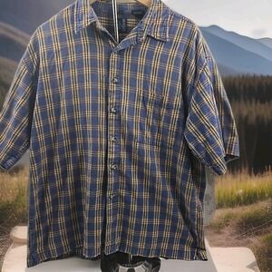 Urge Men's XL Plaid Button Down Shirt Blue Orange Cotton Short Sleeve...